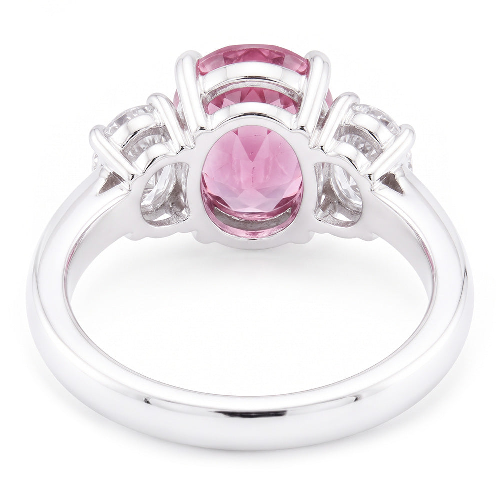 Anello 3 Pietre Zaffiro Rosa Con Diamanti Naturali Autentici ( non creati in laboratorio ) 3.50 Carati Oro Bianco 14K