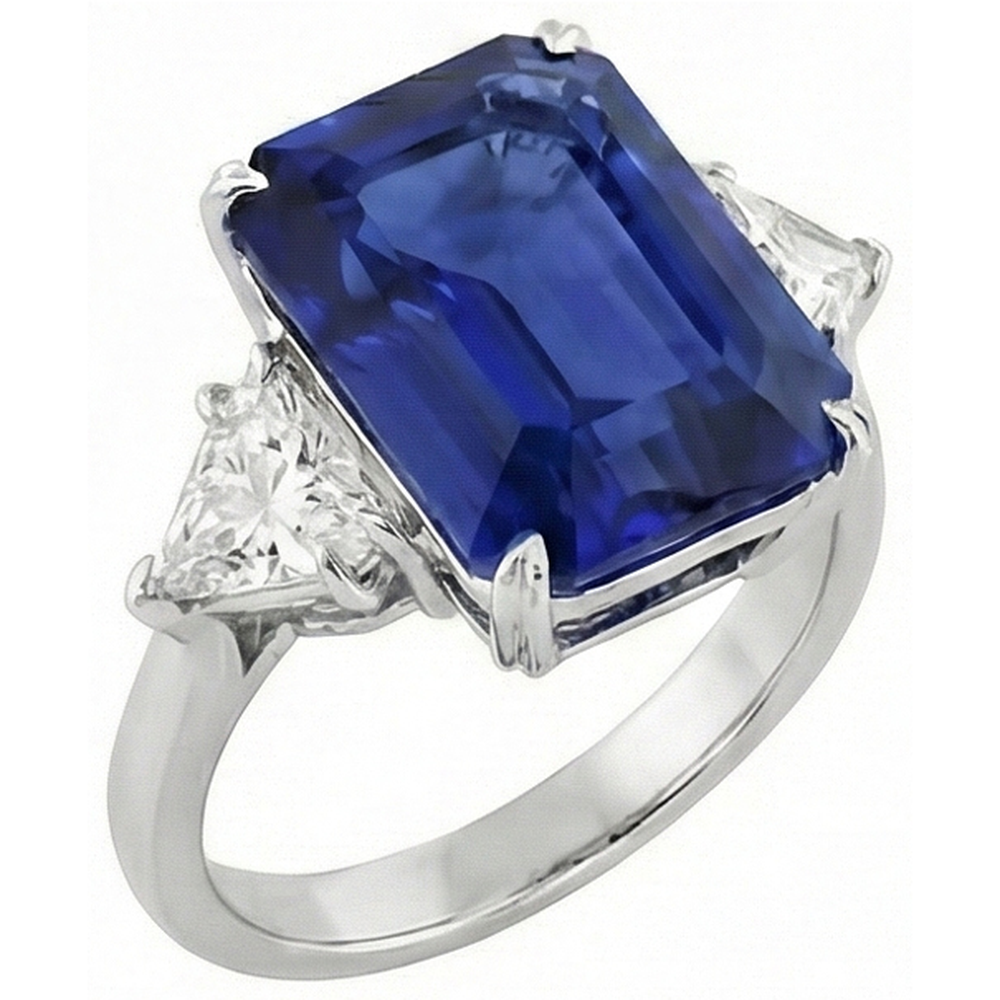 Anello 3 pietre Zaffiro blu smeraldo e diamanti trilioni 4.50 carati Nuovo