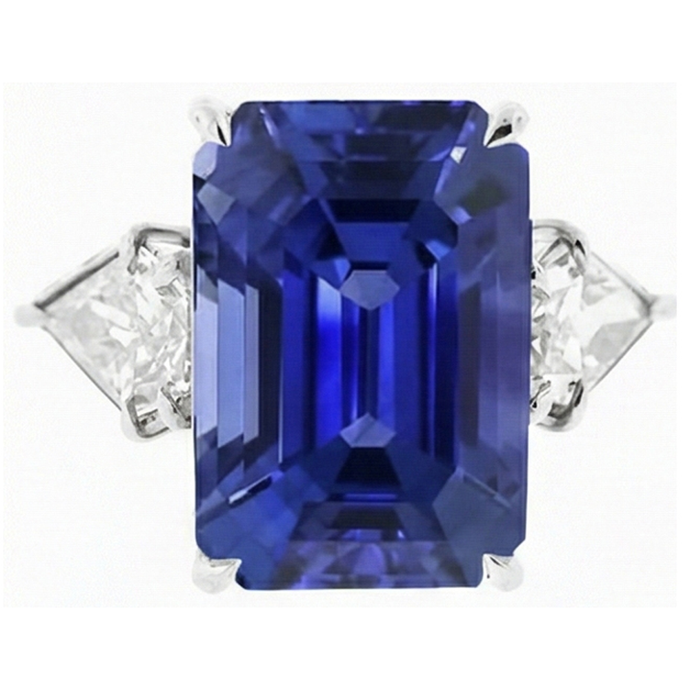 Anello 3 pietre Zaffiro blu smeraldo e diamanti trilioni 4.50 carati Nuovo