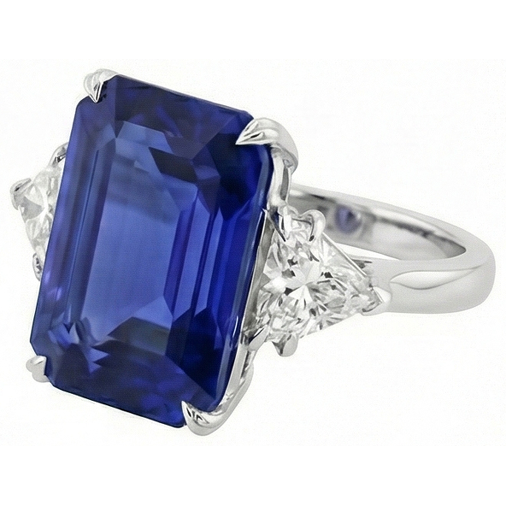 Anello 3 pietre Zaffiro blu smeraldo e diamanti trilioni 4.50 carati Nuovo