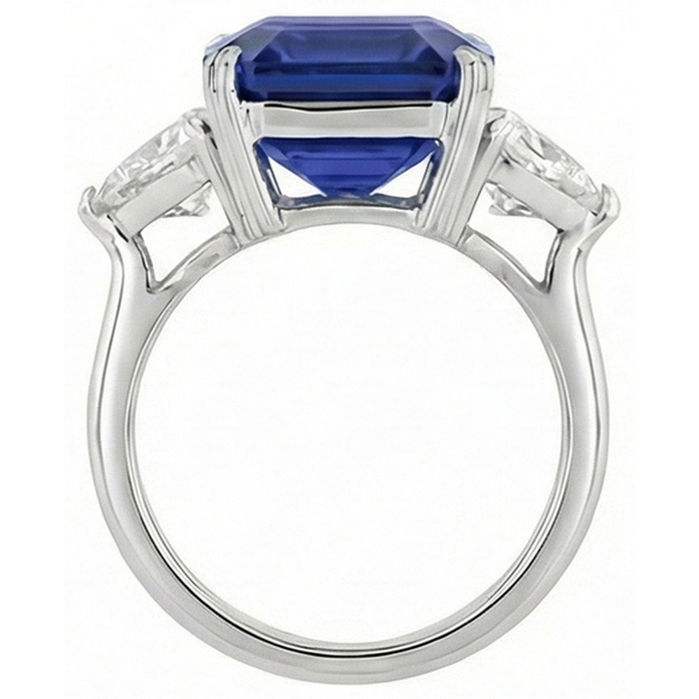 Anello 3 pietre Zaffiro blu smeraldo e diamanti trilioni 4.50 carati Nuovo