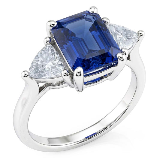 Anello 3 pietre blu zaffiro smeraldo e trilioni di diamanti 2.50 carati