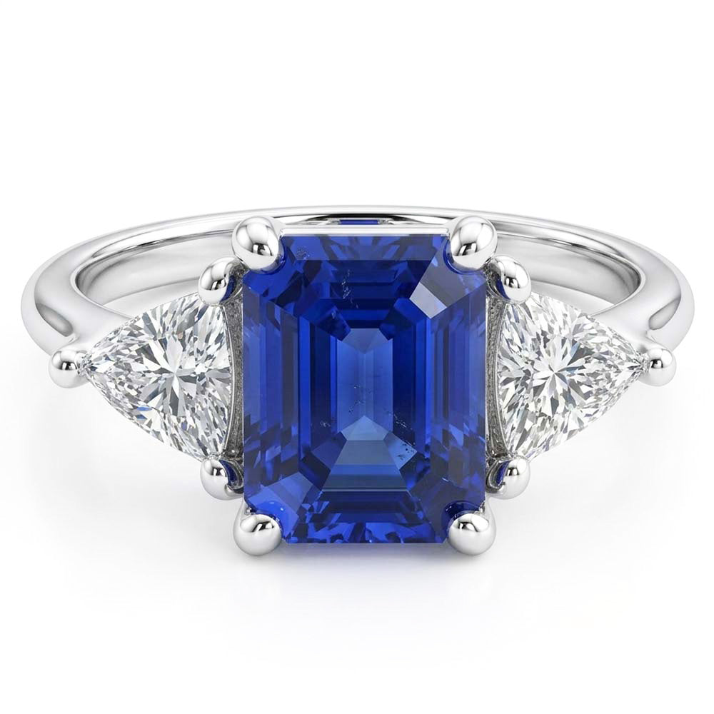 Anello 3 pietre blu zaffiro smeraldo e trilioni di diamanti 2.50 carati
