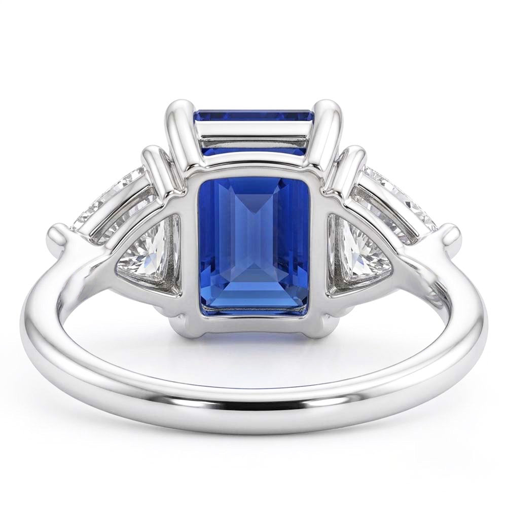 Anello 3 pietre blu zaffiro smeraldo e trilioni di diamanti 2.50 carati