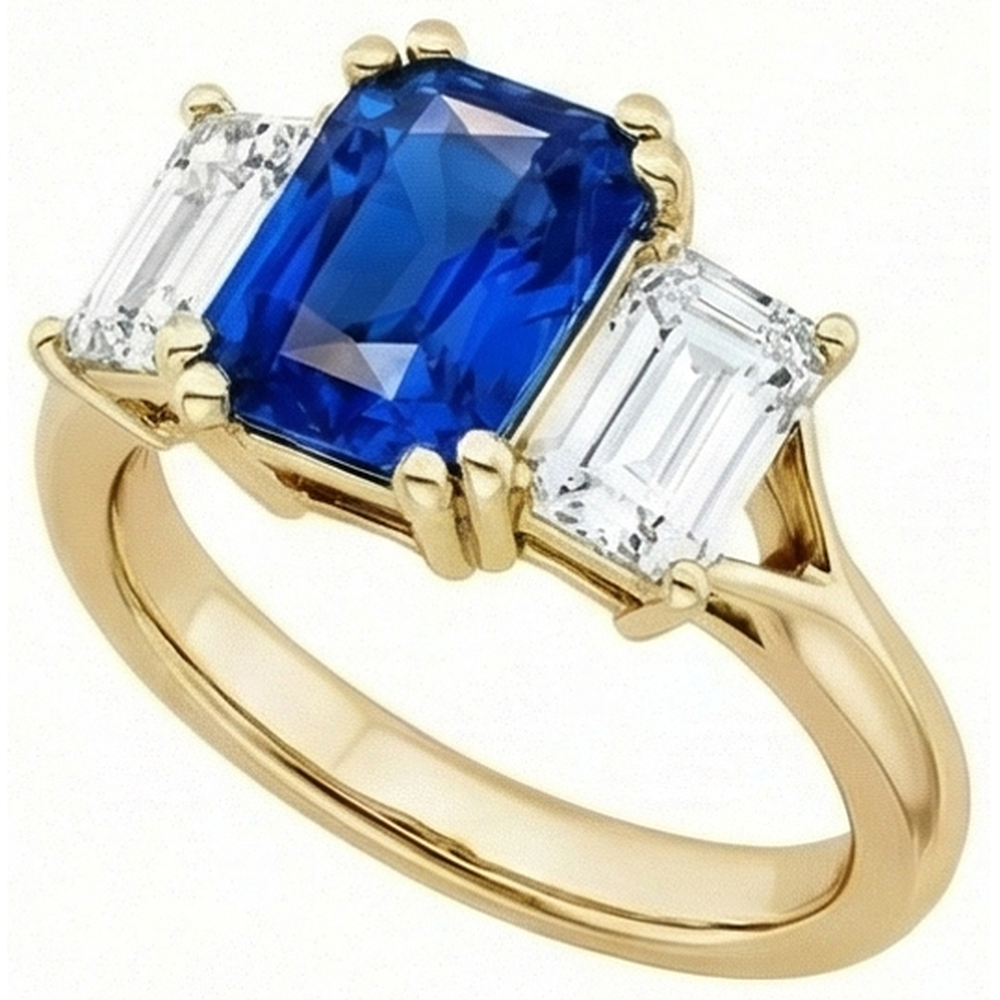 Anello 3 pietre con gambo diviso in oro giallo 14K con zaffiro smeraldo 2 carati