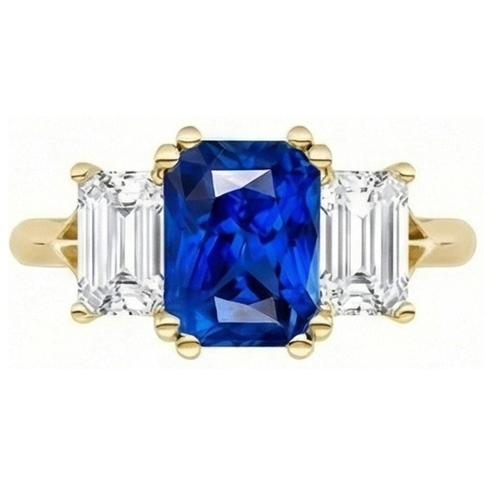 Anello 3 pietre con gambo diviso in oro giallo 14K con zaffiro smeraldo 2 carati
