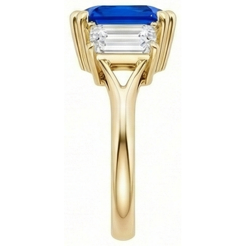 Anello 3 pietre con gambo diviso in oro giallo 14K con zaffiro smeraldo 2 carati