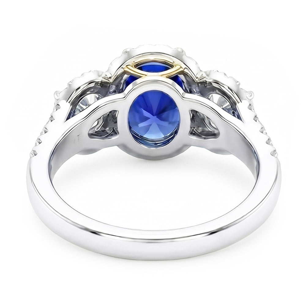 Anello 3 pietre con gambo ovale in zaffiro sdoppiato da 3,50 carati in oro bianco 14K