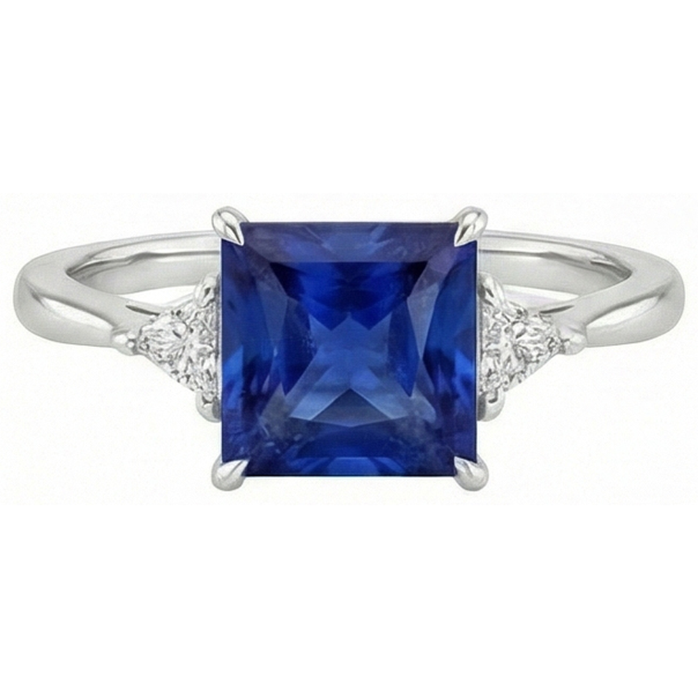 Anello 3 pietre con zaffiro blu principessa e diamanti taglio trilioni 5.50 carati
