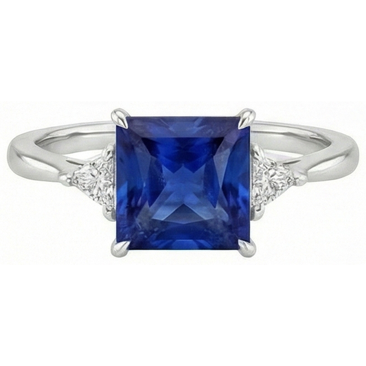 Anello 3 pietre con zaffiro blu principessa e diamanti taglio trilioni 5.50 carati