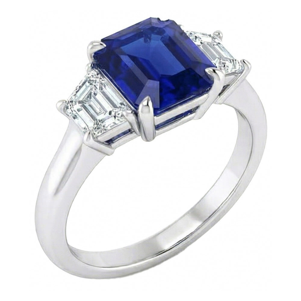 Anello 3 pietre con zaffiro blu taglio Asscher e diamanti trapezoidali 2 carati