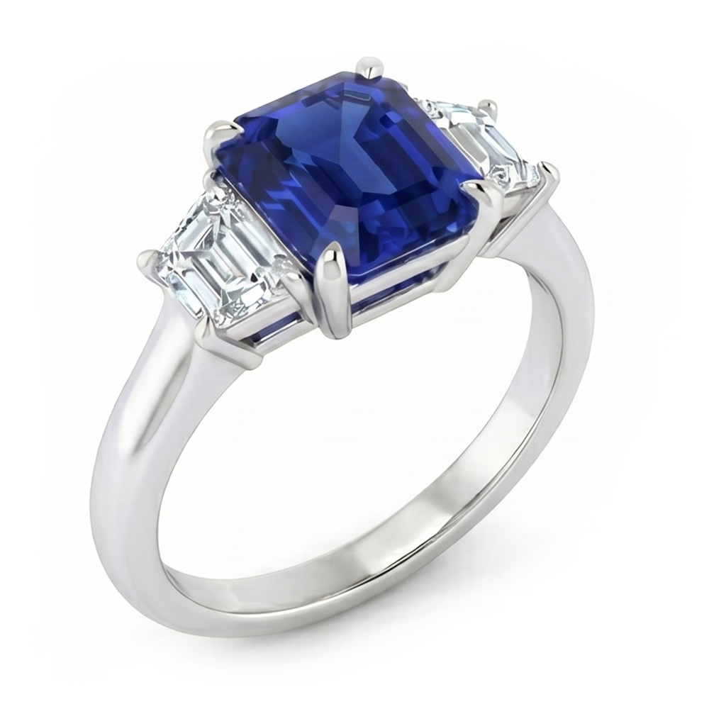 Anello 3 pietre con zaffiro blu taglio Asscher e diamanti trapezoidali 2 carati
