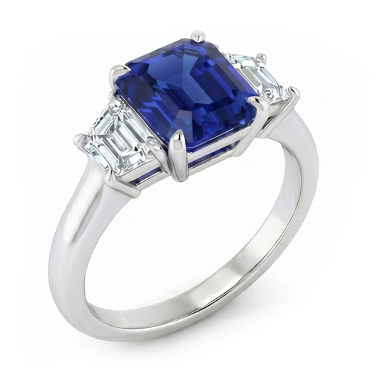 Anello 3 pietre con zaffiro blu taglio Asscher e diamanti trapezoidali 2 carati