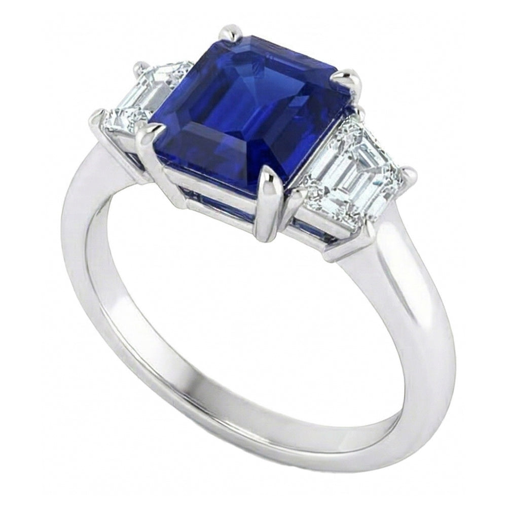 Anello 3 pietre con zaffiro blu taglio Asscher e diamanti trapezoidali 2 carati