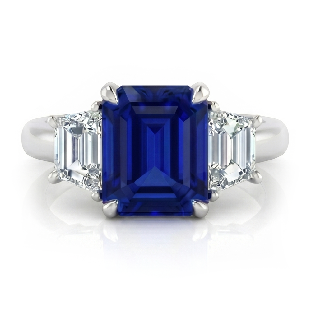 Anello 3 pietre con zaffiro blu taglio Asscher e diamanti trapezoidali 2 carati