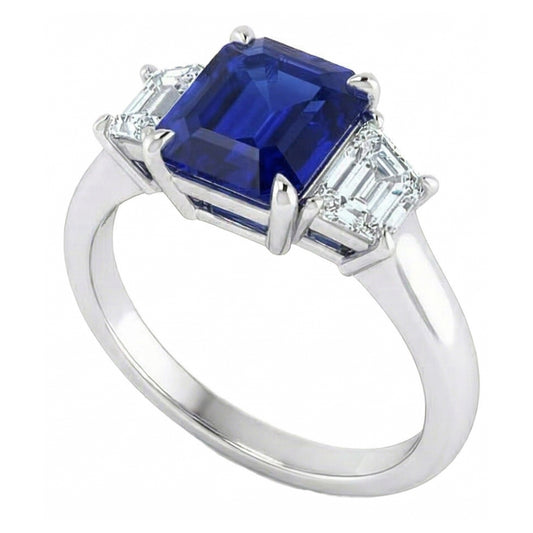 Anello 3 pietre con zaffiro blu taglio Asscher e diamanti trapezoidali 2 carati