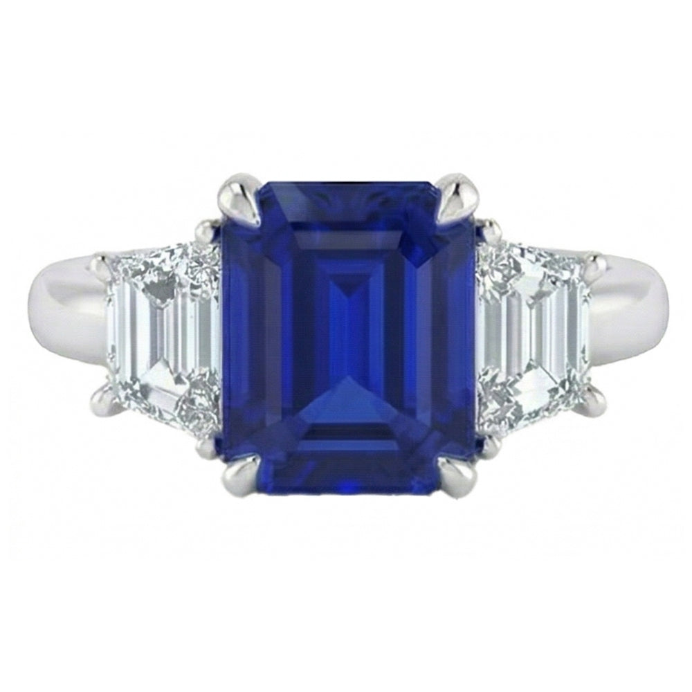 Anello 3 pietre con zaffiro blu taglio Asscher e diamanti trapezoidali 2 carati