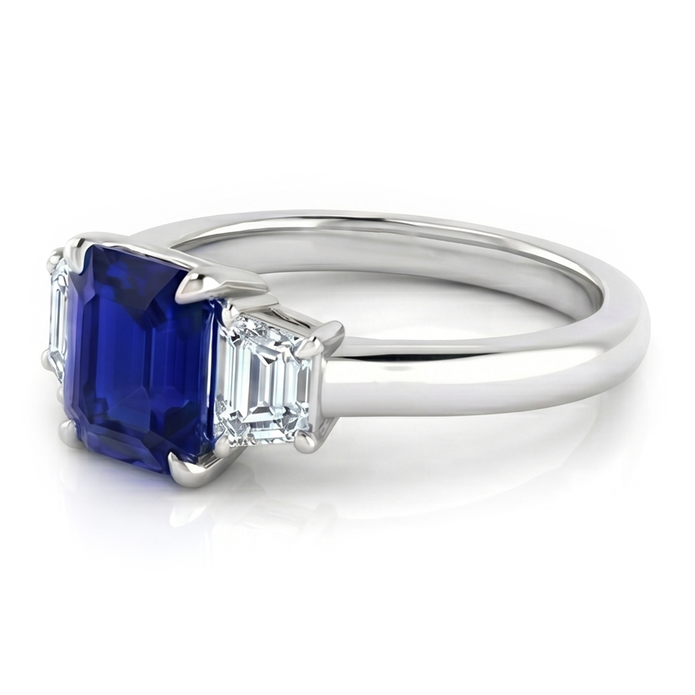 Anello 3 pietre con zaffiro blu taglio Asscher e diamanti trapezoidali 2 carati