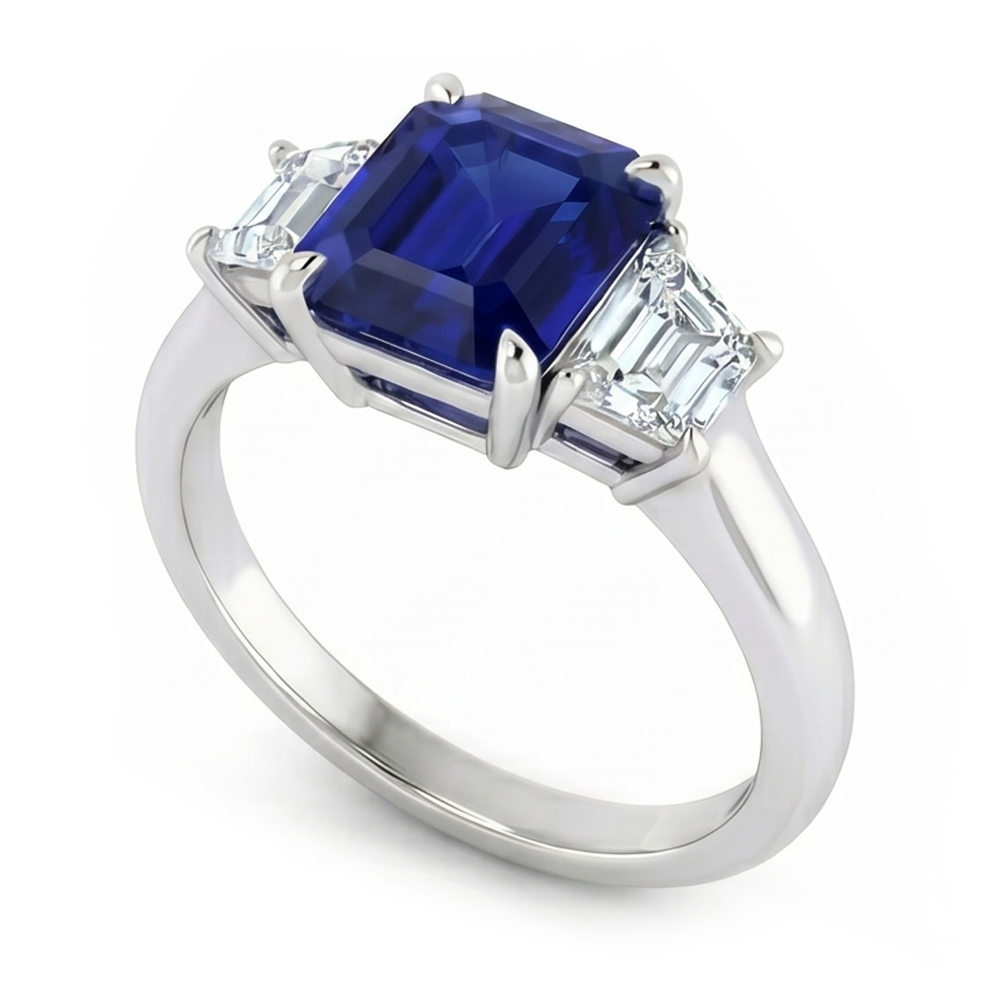 Anello 3 pietre con zaffiro blu taglio Asscher e diamanti trapezoidali 2 carati