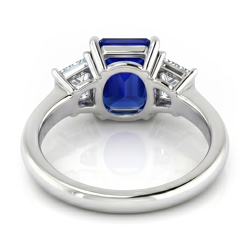 Anello 3 pietre con zaffiro blu taglio Asscher e diamanti trapezoidali 2 carati