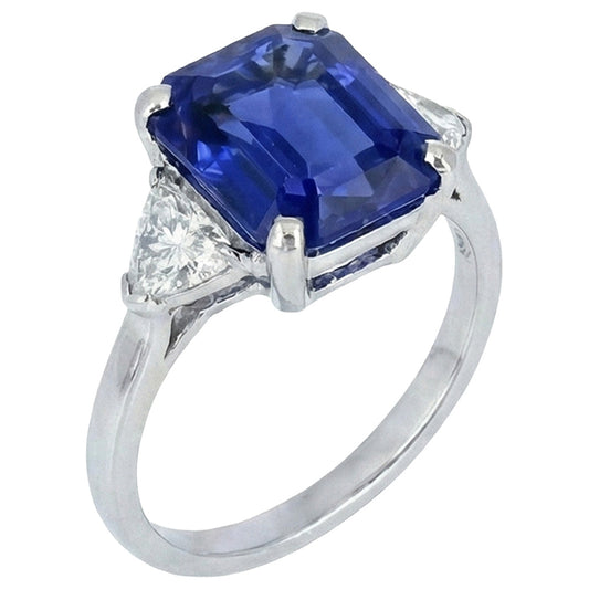 Anello 3 pietre di zaffiro smeraldo blu e diamanti trapezoidali da 3,50 carati