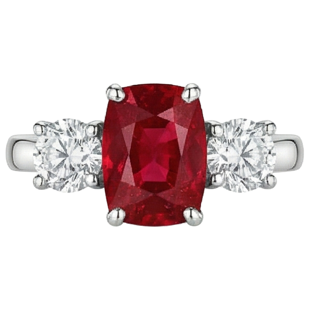 Anello 3 pietre rosso rubino e diamanti 4,50 carati oro 14K