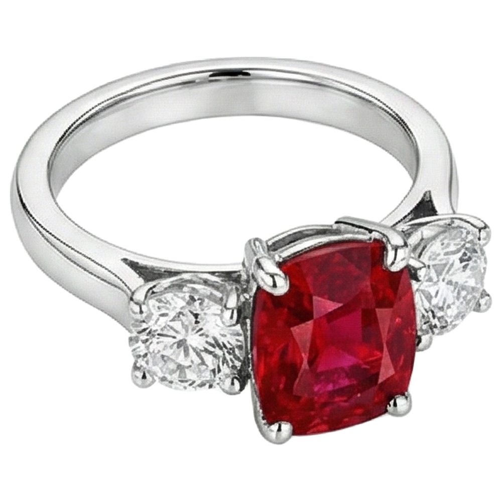 Anello 3 pietre rosso rubino e diamanti 4,50 carati oro 14K