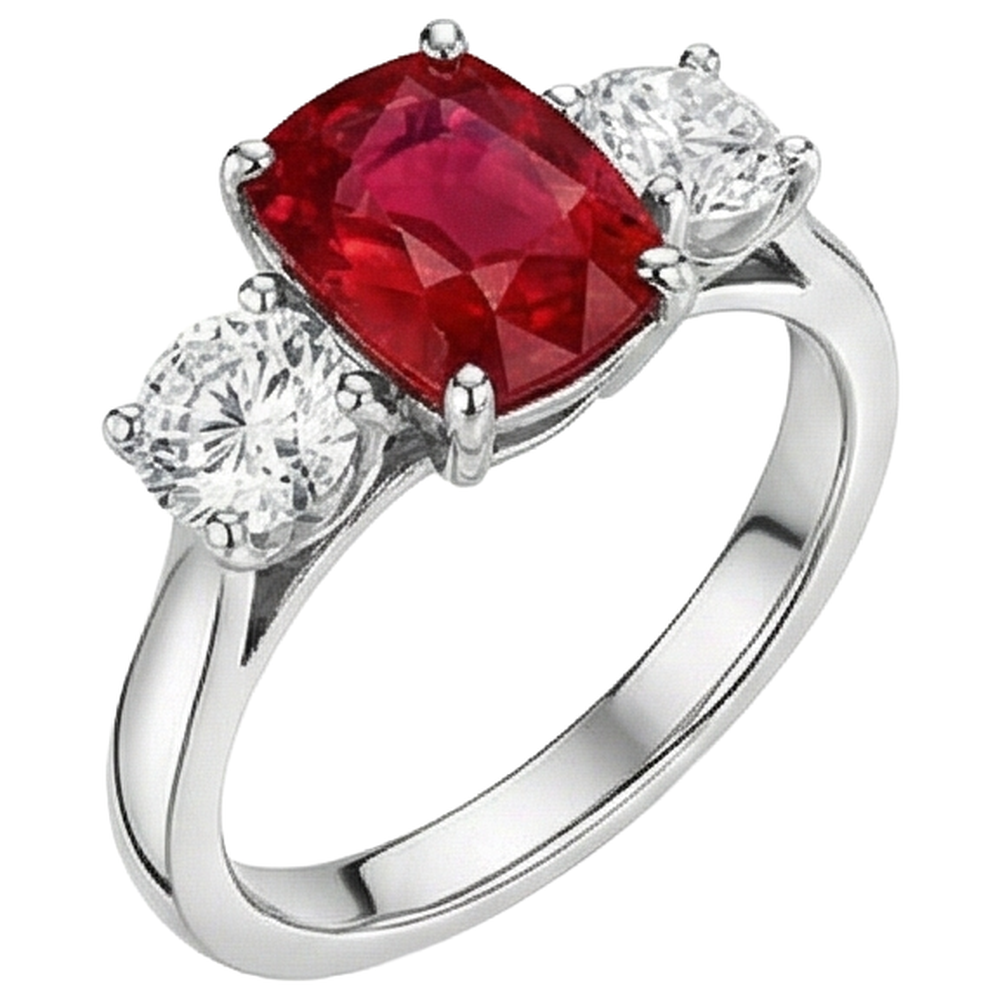 Anello 3 pietre rosso rubino e diamanti 4,50 carati oro 14K