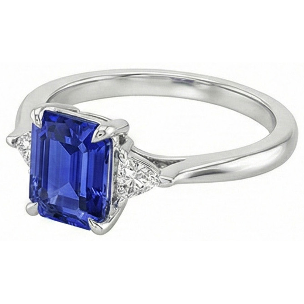 Anello 3 pietre smeraldo zaffiro di Ceylon e diamante taglio trilioni 3.50 carati