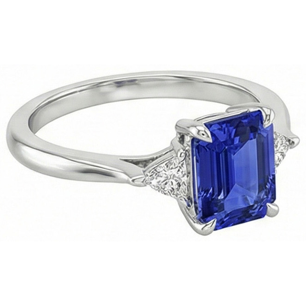Anello 3 pietre smeraldo zaffiro di Ceylon e diamante taglio trilioni 3.50 carati