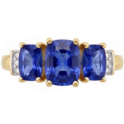 Anello 5,25 carati Sri Lanka cuscino zaffiro blu e diamante 3 pietre YG oro bianco 14K