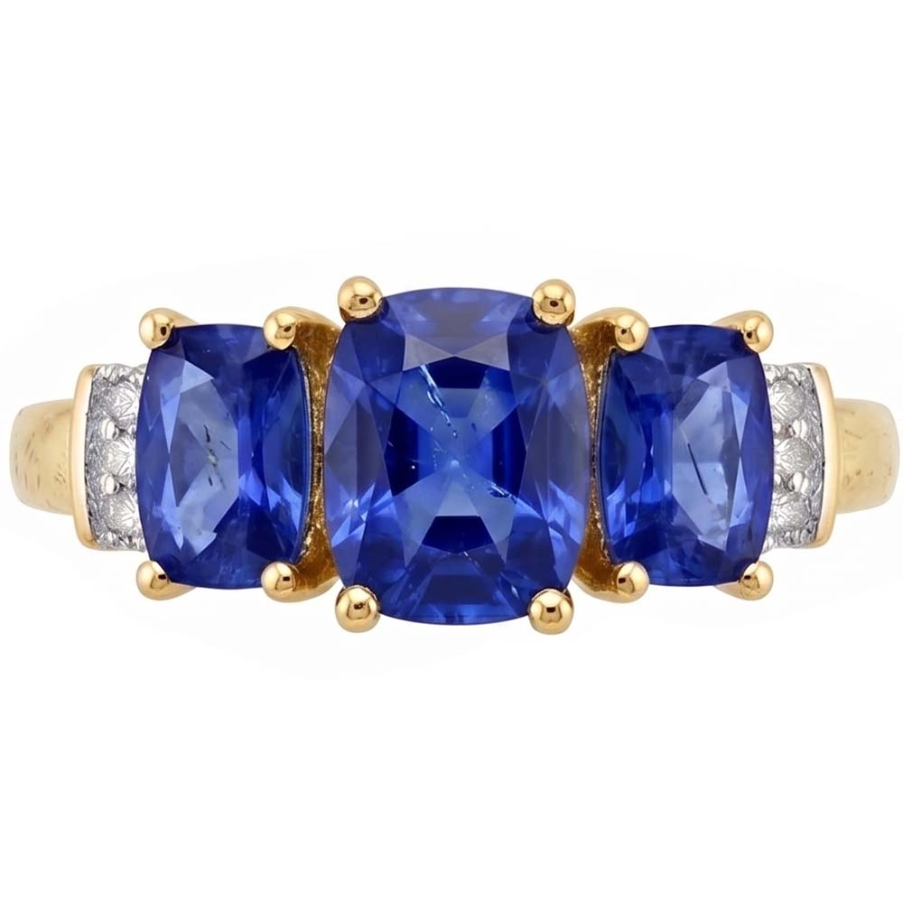 Anello 5,25 carati Sri Lanka cuscino zaffiro blu e diamante 3 pietre YG oro bianco 14K