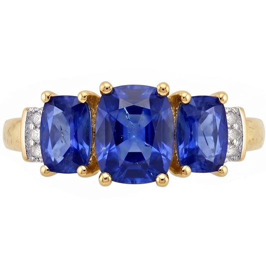 Anello 5,25 carati Sri Lanka cuscino zaffiro blu e diamante 3 pietre YG oro bianco 14K