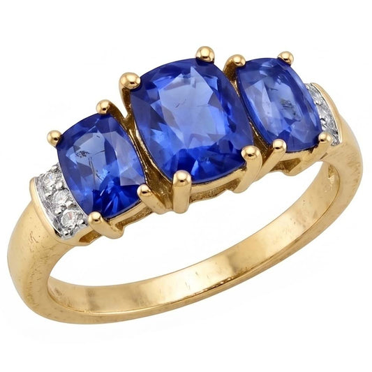 Anello 5,25 carati Sri Lanka cuscino zaffiro blu e diamante 3 pietre YG oro bianco 14K