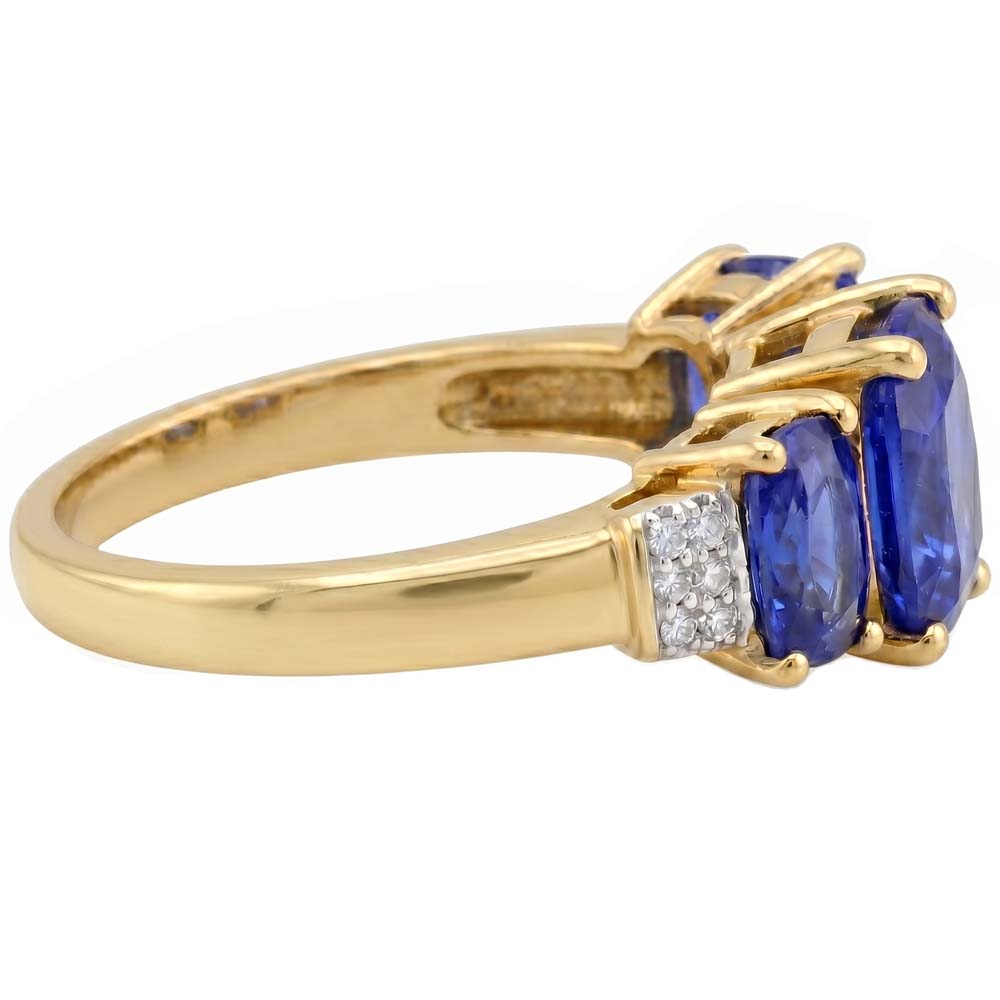 Anello 5,25 carati Sri Lanka cuscino zaffiro blu e diamante 3 pietre YG oro bianco 14K