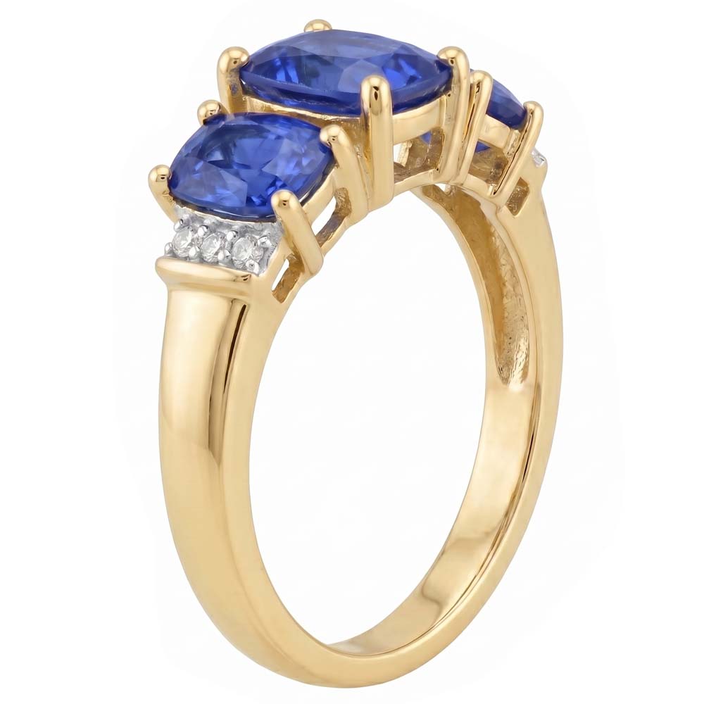 Anello 5,25 carati Sri Lanka cuscino zaffiro blu e diamante 3 pietre YG oro bianco 14K