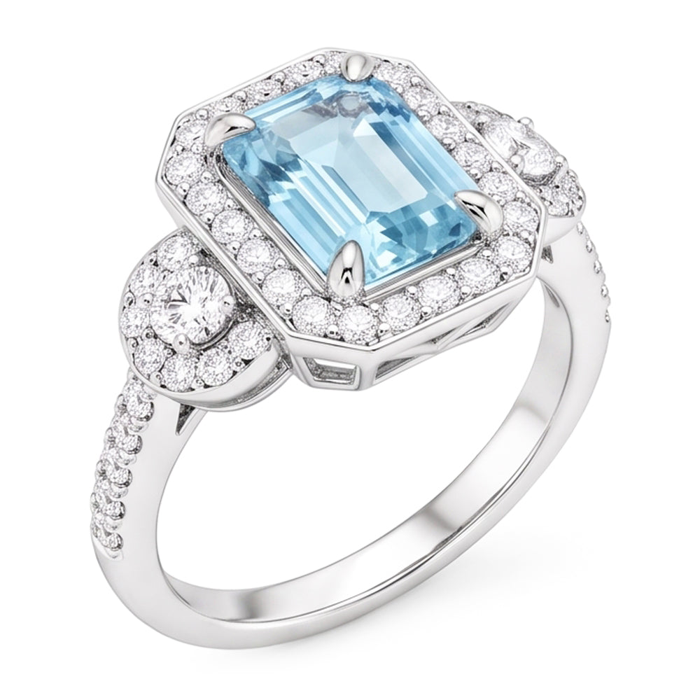 Anello Anniversario Acquamarina E Diamanti 5.80 Ct Nuovo Oro Bianco 14K