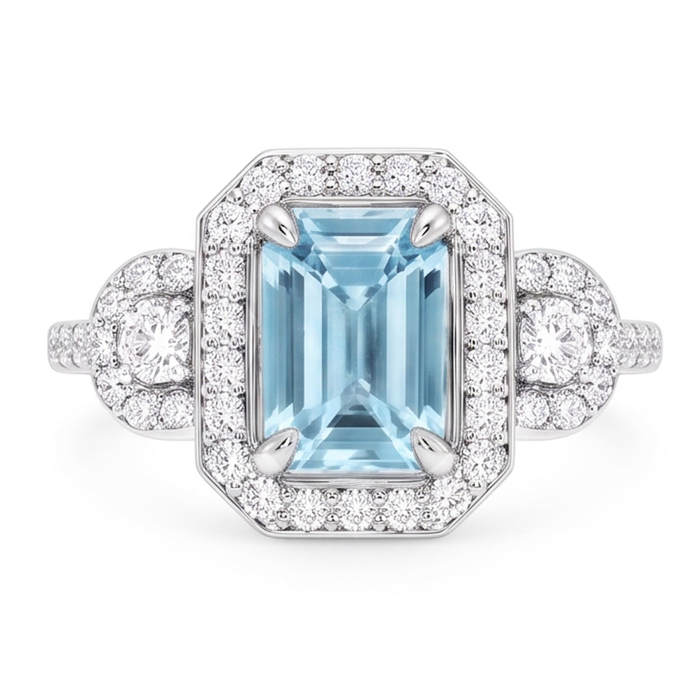 Anello Anniversario Acquamarina E Diamanti 5.80 Ct Nuovo Oro Bianco 14K