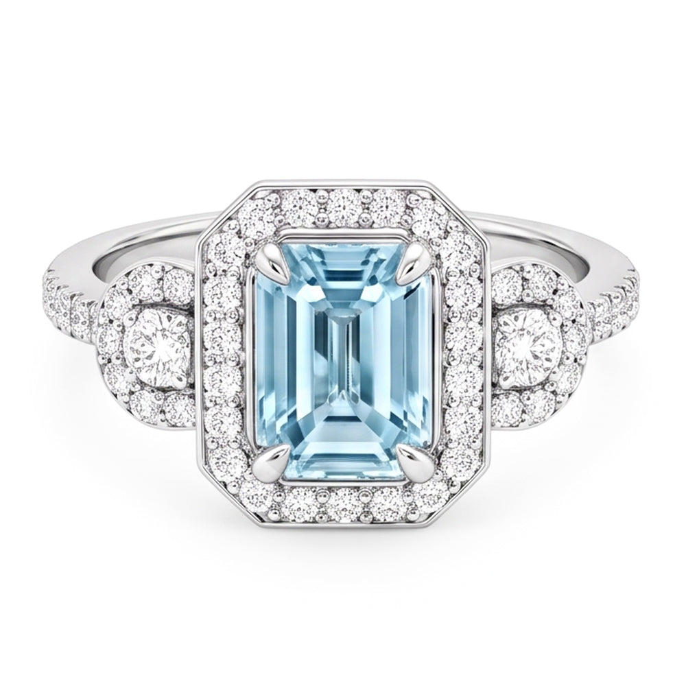 Anello Anniversario Acquamarina E Diamanti 5.80 Ct Nuovo Oro Bianco 14K
