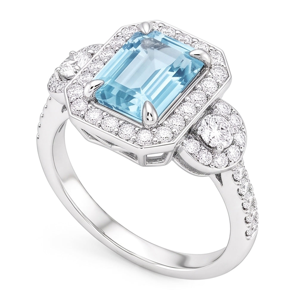 Anello Anniversario Acquamarina E Diamanti 5.80 Ct Nuovo Oro Bianco 14K