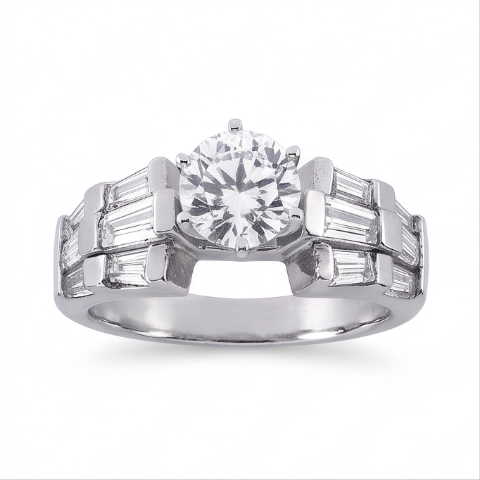 Anello Anniversario Con Vero Diamanti Naturali Autentici ( non creati in laboratorio ) Tondi E Baguette 3 Carati Oro Bianco 14K