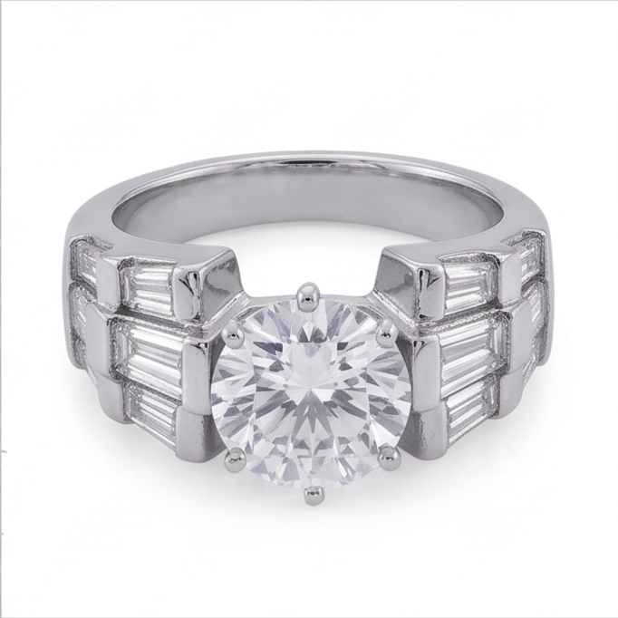 Anello Anniversario Con Vero Diamanti Naturali Autentici ( non creati in laboratorio ) Tondi E Baguette 3 Carati Oro Bianco 14K