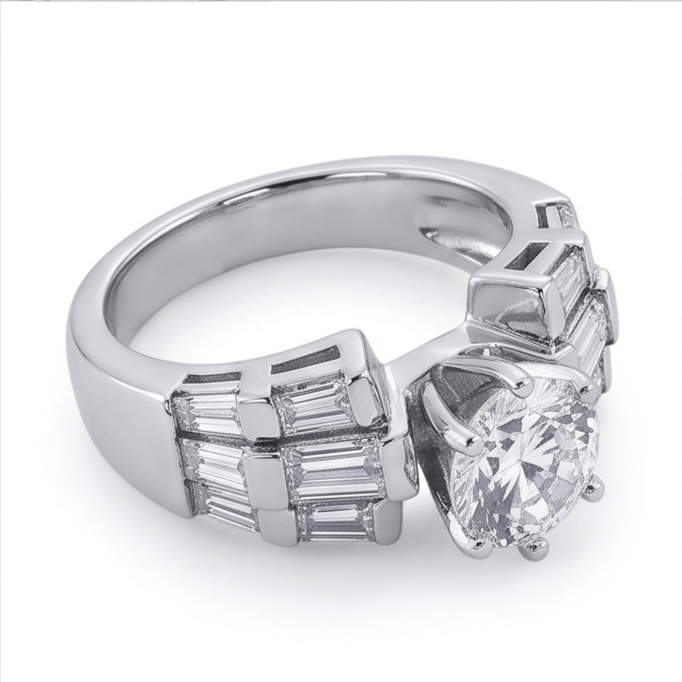 Anello Anniversario Con Vero Diamanti Naturali Autentici ( non creati in laboratorio ) Tondi E Baguette 3 Carati Oro Bianco 14K