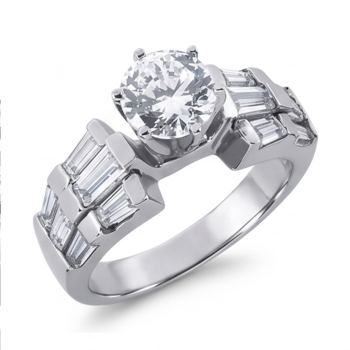 Anello Anniversario Con Vero Diamanti Naturali Autentici ( non creati in laboratorio ) Tondi E Baguette 3 Carati Oro Bianco 14K