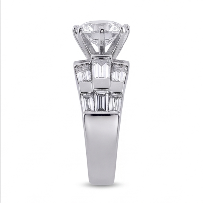 Anello Anniversario Con Vero Diamanti Naturali Autentici ( non creati in laboratorio ) Tondi E Baguette 3 Carati Oro Bianco 14K