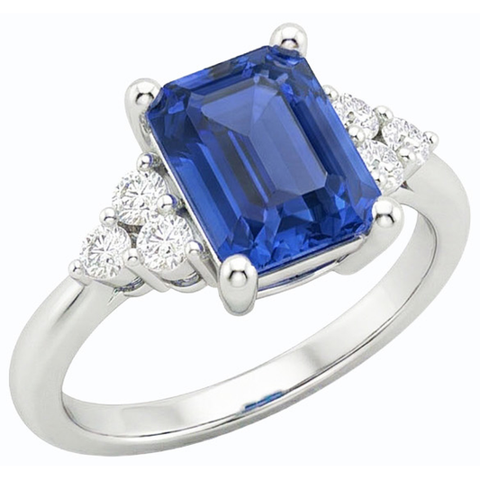 Anello Anniversario Diamante Naturale Autentico ( non creato in laboratorio ) A Forma Di Smeraldo Zaffiro Blu 3.50 Carati