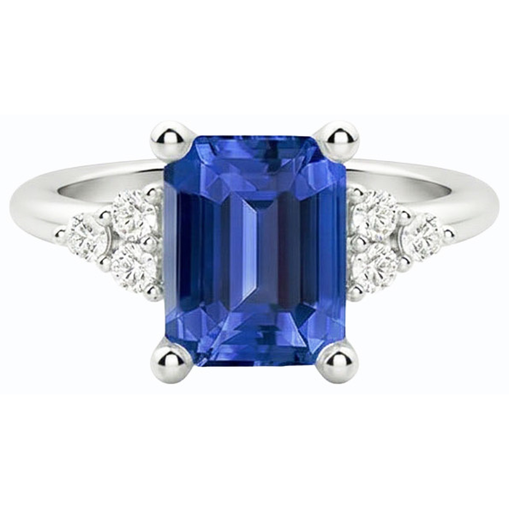 Anello Anniversario Diamante Naturale Autentico ( non creato in laboratorio ) A Forma Di Smeraldo Zaffiro Blu 3.50 Carati