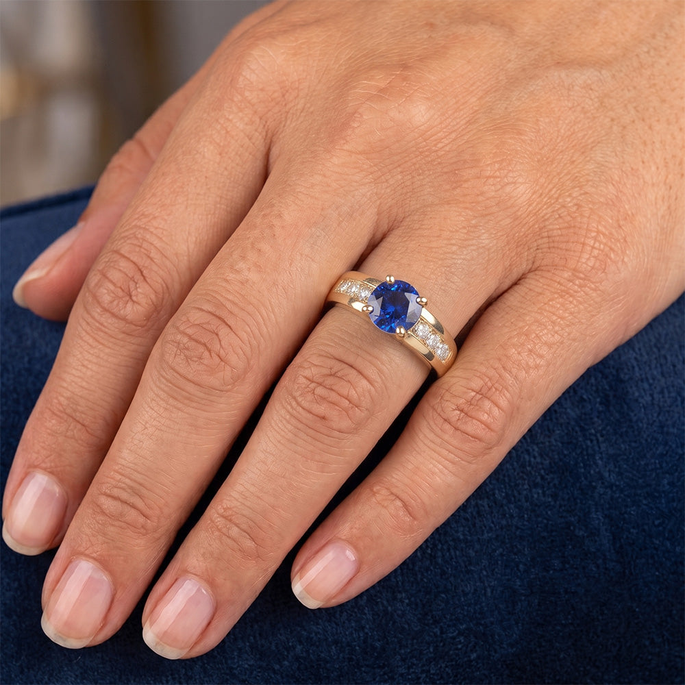Anello Anniversario Diamante Oro Giallo Zaffiro Blu Profondo 1.75 Carati