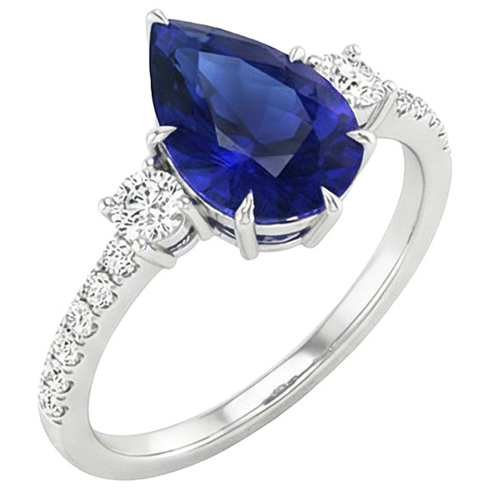 Anello Anniversario Diamante Pera Zaffiro Blu 3 Pietra Stile 5.50 Carati