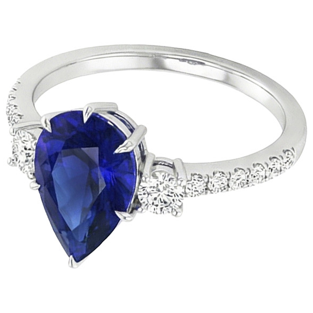 Anello Anniversario Diamante Pera Zaffiro Blu 3 Pietra Stile 5.50 Carati